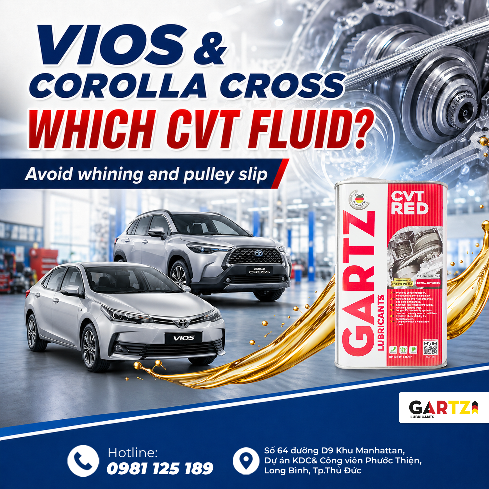 What type of CVT fluid should Toyota Vios and Corolla Cross use to avoid whining and pulley slippage?