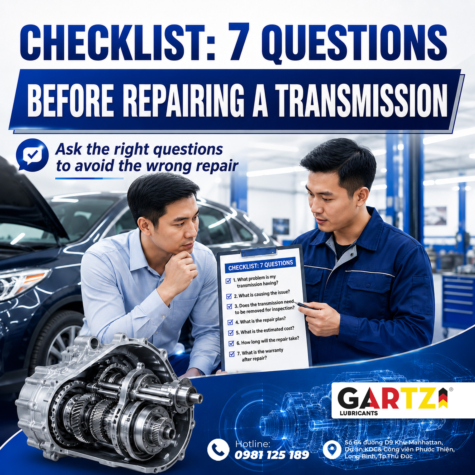 Checklist of 7 questions to ask before agreeing to have your transmission repaired.