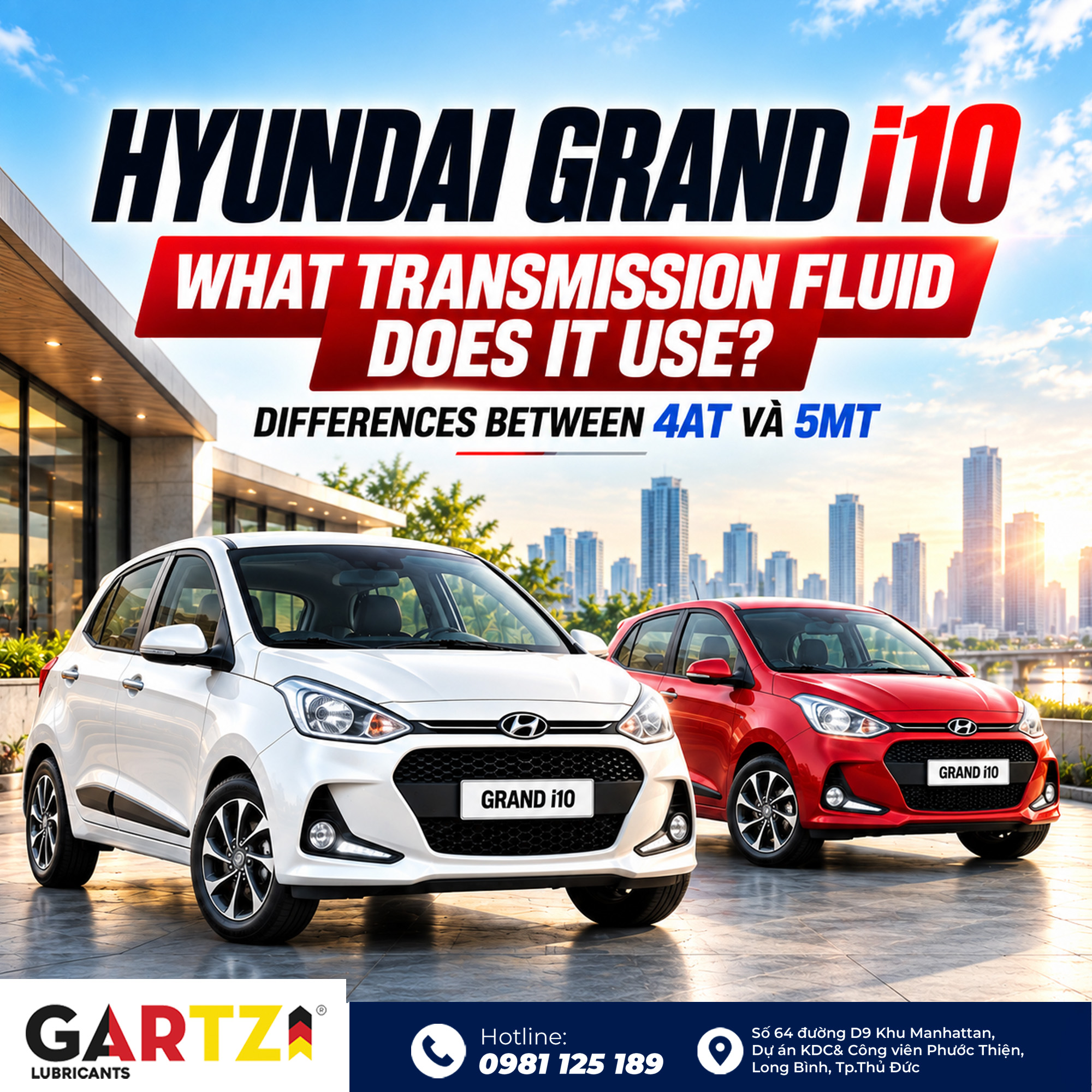 What type of transmission fluid does the Hyundai Grand i10 use? How to identify the AT and MT versions based on the car's model year?